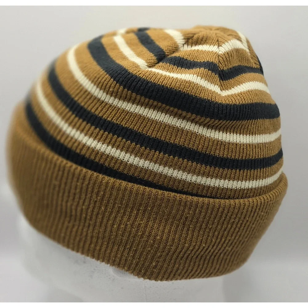 Carhartt Youth Striped Knit Beanie Hat Brown Black White CB8943 Kids Cuffed Logo